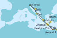 Visitando Venecia (Italia), Katakolon (Olimpia/Grecia), Heraklion (Creta), Rodas (Grecia), Limassol (Chipre), Puerto Said (Egipto), Alejandría (Egipto), Split (Croacia), Venecia (Italia), Bari (Italia)