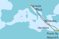 Visitando Split (Croacia), Venecia (Italia), Katakolon (Olimpia/Grecia), Heraklion (Creta), Puerto Said (Egipto), Alejandría (Egipto), Split (Croacia)