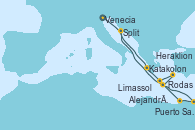 Visitando Venecia (Italia), Katakolon (Olimpia/Grecia), Heraklion (Creta), Rodas (Grecia), Limassol (Chipre), Puerto Said (Egipto), Alejandría (Egipto), Split (Croacia)