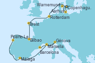 Visitando Copenhague (Dinamarca), Aarhus (Dinamarca), Warnemunde (Alemania), Rotterdam (Holanda), Brest (Francia), Bilbao (España), Puerto Leixões (Portugal), Málaga, Marsella (Francia), Génova (Italia), Marsella (Francia), Barcelona