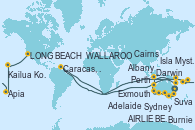 Visitando Sydney (Australia), Sydney (Australia), Hobart (Australia), Hobart (Australia), Burnie (Tasmania/Australia), Melbourne (Australia), Adelaide (Australia), Isla Canguro (Australia), WALLAROO, Port Lincoln (Australia), Albany (Australia), Busselton (Australia), Perth (Australia), Geraldton (Australia), Exmouth (Australia), Broome (Australia), Darwin (Australia), Darwin (Australia), Alotau (Pupúa Nueva Guinea), Cairns (Australia), Cairns (Australia), Townsville, AIRLIE BEACH, Brisbane (Australia), Caracas, Venezuela, Nouméa (Nueva Caledonia), Isla Mystery (Vanuatu), Lautoka (Fiyi), Suva (Fiyi), Savusavu (Islas Fidji), Apia (Samoa), Honolulu (Hawái), Kailua Kona (Hawai/EEUU), LONG BEACH