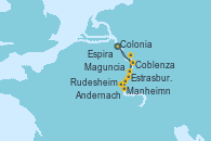 Visitando Colonia (Alemania), Coblenza (Alemania), Manheimn (Alemania), Estrasburgo (Francia), Maguncia (Alemania), Espira (Alemania), Rudesheim (Alemania), Andernach (Alemania), Andernach (Alemania), Colonia (Alemania), Colonia (Alemania)