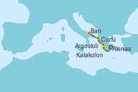 Visitando Atenas (Grecia), Katakolon (Olimpia/Grecia), Argostoli (Grecia), Corfú (Grecia), Bari (Italia), Atenas (Grecia)