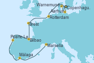 Visitando Copenhague (Dinamarca), Aarhus (Dinamarca), Warnemunde (Alemania), Rotterdam (Holanda), Brest (Francia), Bilbao (España), Puerto Leixões (Portugal), Málaga, Marsella (Francia)