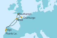 Visitando Southampton (Inglaterra), Brest (Francia), Vigo (España), Puerto Leixões (Portugal), Cherburgo (Francia), Southampton (Inglaterra)