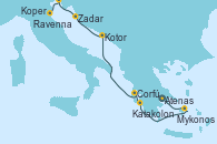 Visitando Atenas (Grecia), Mykonos (Grecia), Katakolon (Olimpia/Grecia), Corfú (Grecia), Kotor (Montenegro), Zadar (Croacia), Koper (Eslovenia), Ravenna (Italia)
