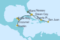 Visitando Miami (Florida/EEUU), Ocean Cay MSC Marine Reserve (Bahamas), Roatán (Honduras), Costa Maya (México), Cozumel (México), Nassau (Bahamas), Miami (Florida/EEUU), Puerto Plata, Republica Dominicana, San Juan (Puerto Rico), Ocean Cay MSC Marine Reserve (Bahamas), Miami (Florida/EEUU)