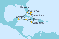Visitando Puerto Cañaveral (Florida), Ocean Cay MSC Marine Reserve (Bahamas), Ocho Ríos (Jamaica), Gran Caimán (Islas Caimán), Cozumel (México), Puerto Cañaveral (Florida), Ocean Cay MSC Marine Reserve (Bahamas), Nassau (Bahamas), Puerto Cañaveral (Florida)