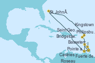 Visitando Fuerte de France (Martinica), Pointe a Pitre (Guadalupe), St. John´s (Antigua y Barbuda), Philipsburg (St. Maarten), Basseterre (Antillas), Roseau (Dominica), Fuerte de France (Martinica), Pointe a Pitre (Guadalupe), Bridgetown (Barbados), Kingstown (Granadinas), Castries (Santa Lucía/Caribe), Saint George (Grenada), Fuerte de France (Martinica)