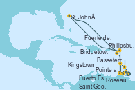 Visitando Fuerte de France (Martinica), Pointe a Pitre (Guadalupe), Philipsburg (St. Maarten), St. John´s (Antigua y Barbuda), Basseterre (Antillas), Roseau (Dominica), Fuerte de France (Martinica), Pointe a Pitre (Guadalupe), Kingstown (Granadinas), Bridgetown (Barbados), Puerto España (Trinidad y Tobago), Saint George (Grenada), Fuerte de France (Martinica)