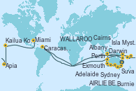 Visitando Sydney (Australia), Sydney (Australia), Hobart (Australia), Hobart (Australia), Burnie (Tasmania/Australia), Melbourne (Australia), Adelaide (Australia), Isla Canguro (Australia), WALLAROO, Port Lincoln (Australia), Albany (Australia), Busselton (Australia), Perth (Australia), Geraldton (Australia), Exmouth (Australia), Broome (Australia), Darwin (Australia), Darwin (Australia), Alotau (Pupúa Nueva Guinea), Cairns (Australia), Cairns (Australia), Townsville, AIRLIE BEACH, Brisbane (Australia), Caracas, Venezuela, Nouméa (Nueva Caledonia), Isla Mystery (Vanuatu), Lautoka (Fiyi), Suva (Fiyi), Savusavu (Islas Fidji), Apia (Samoa), Honolulu (Hawái), Kailua Kona (Hawai/EEUU), LONG BEACH, Puerto Vallarta (México), Huatulco (México), Puerto Chiapas (México), Puerto Quetzal (Guatemala), Punta Arenas (Chile), Cartagena de Indias (Colombia), Miami (Florida/EEUU)