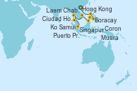 Visitando Hong Kong (China), Coron (Filipinas), Boracay (Filipinas), Puerto Princesa Palawan (Filipinas), Muara (Brunei), Ciudad Ho Chi Minh (Vietnam), Laem Chabang (Bangkok/Thailandia), Laem Chabang (Bangkok/Thailandia), Ko Samui (Tailandia), Singapur