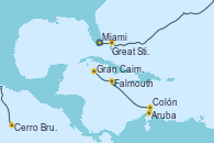 Visitando Miami (Florida/EEUU), Great Stirrup Cay (Bahamas), Cerro Brujo (Isla San Cristóbal/Galápagos), Aruba (Antillas), Colón, Falmouth (Jamaica), Gran Caimán (Islas Caimán)