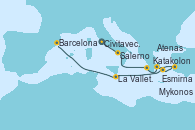 Visitando Civitavecchia (Roma), Salerno (Italia), Katakolon (Olimpia/Grecia), Atenas (Grecia), Esmirna (Turquía), Mykonos (Grecia), La Valletta (Malta), Barcelona