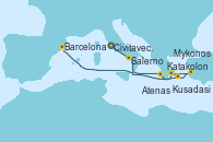 Visitando Civitavecchia (Roma), Salerno (Italia), Katakolon (Olimpia/Grecia), Atenas (Grecia), Kusadasi (Efeso/Turquía), Mykonos (Grecia), Barcelona