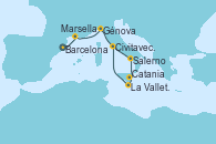 Visitando Barcelona, Marsella (Francia), Génova (Italia), Salerno (Italia), Catania (Sicilia), La Valletta (Malta), Civitavecchia (Roma)