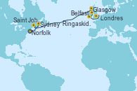 Visitando Norfolk (Virginia/EEUU), Sydney (Nueva Escocia/Canadá), Saint John (New Brunswick/Canadá), Glasgow (Escocia), Belfast (Irlanda), Ringaskiddy (Irlanda), Londres (Reino Unido)
