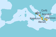 Visitando Bari (Italia), Mykonos (Grecia), Atenas (Grecia), Katakolon (Olimpia/Grecia), Argostoli (Grecia), Corfú (Grecia), Bari (Italia)