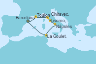 Visitando Barcelona, Toulon (Francia), Livorno, Pisa y Florencia (Italia), Civitavecchia (Roma), Nápoles (Italia), La Goulette (Tunez), Barcelona Visitando Barcelona, Toulon (Francia), Livorno, Pisa y Florencia (Italia), Civitavecchia (Roma), Nápoles (Italia), La Goulette (Tunez), Barcelona