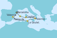 Visitando Barcelona, Valencia, La Goulette (Tunez), Palermo (Italia), Cagliari (Cerdeña), Palma de Mallorca (España), Barcelona Visitando Barcelona, Valencia, La Goulette (Tunez), Palermo (Italia), Cagliari (Cerdeña), Palma de Mallorca (España), Barcelona