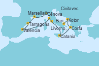 Visitando Génova (Italia), Marsella (Francia), Tarragona (España), Valencia, Livorno, Pisa y Florencia (Italia), Civitavecchia (Roma), Catania (Sicilia), Corfú (Grecia), Kotor (Montenegro), Bari (Italia)