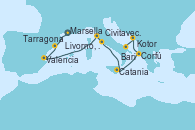 Visitando Marsella (Francia), Tarragona (España), Valencia, Livorno, Pisa y Florencia (Italia), Civitavecchia (Roma), Catania (Sicilia), Corfú (Grecia), Kotor (Montenegro), Bari (Italia)
