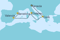 Visitando Venecia (Italia), Corfú (Grecia), Civitavecchia (Roma), Valencia, Barcelona