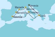 Visitando Venecia (Italia), Corfú (Grecia), Civitavecchia (Roma), Valencia, Barcelona, Marsella (Francia), Génova (Italia)
