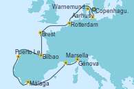 Visitando Copenhague (Dinamarca), Aarhus (Dinamarca), Warnemunde (Alemania), Rotterdam (Holanda), Brest (Francia), Bilbao (España), Puerto Leixões (Portugal), Málaga, Marsella (Francia), Génova (Italia)