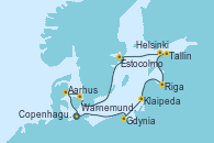 Visitando Warnemunde (Alemania), Gdynia (Polonia), Klaipeda (Lituania), Riga (Letonia), Tallin (Estonia), Helsinki (Finlandia), Estocolmo (Suecia), Estocolmo (Suecia), Copenhague (Dinamarca), Aarhus (Dinamarca), Warnemunde (Alemania)