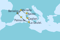 Visitando Barcelona, Marsella (Francia), Ajaccio (Córcega), Cagliari (Cerdeña), La Goulette (Tunez), Mahón (Menorca/España), Barcelona Visitando Barcelona, Marsella (Francia), Ajaccio (Córcega), Cagliari (Cerdeña), La Goulette (Tunez), Mahón (Menorca/España), Barcelona
