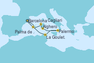 Visitando Barcelona, Mahón (Menorca/España), Alghero (Cerdeña), Cagliari (Cerdeña), Palermo (Italia), La Goulette (Tunez), Barcelona Visitando Barcelona, Mahón (Menorca/España), Alghero (Cerdeña), Cagliari (Cerdeña), Palermo (Italia), La Goulette (Tunez), Barcelona