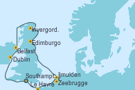 Visitando Southampton (Inglaterra), Le Havre (Francia), Zeebrugge (Bruselas), Ijmuiden (Ámsterdam), Edimburgo (Escocia), Invergordon (Escocia), Belfast (Irlanda), Dublin (Irlanda), Southampton (Inglaterra)