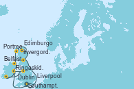 Visitando Southampton (Inglaterra), Edimburgo (Escocia), Invergordon (Escocia), Portree (Reino Unido), Belfast (Irlanda), Ringaskiddy (Irlanda), Liverpool (Reino Unido), Dublin (Irlanda), Southampton (Inglaterra)