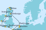 Visitando Southampton (Inglaterra), Portland, Dorset (Reino Unido), Cork (Irlanda), Belfast (Irlanda), Portree (Reino Unido), Invergordon (Escocia), Edimburgo (Escocia), Ijmuiden (Ámsterdam), Zeebrugge (Bruselas), Le Havre (Francia), Southampton (Inglaterra)
