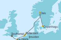 Visitando Southampton (Inglaterra), Le Havre (Francia), Rotterdam (Holanda), Ijmuiden (Ámsterdam), Oslo (Noruega), Copenhague (Dinamarca), Copenhague (Dinamarca)