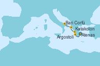 Visitando Atenas (Grecia), Katakolon (Olimpia/Grecia), Argostoli (Grecia), Corfú (Grecia), Bari (Italia)