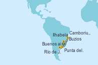 Visitando Río de Janeiro (Brasil), Buzios (Brasil), Ilhabela (Brasil), Camboriu, Brazil, Punta del Este (Uruguay), Buenos aires, Río de Janeiro (Brasil)