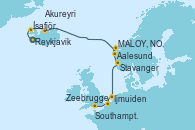 Visitando Reykjavik (Islandia), Ísafjörður (Islandia), Akureyri (Islandia), Aalesund (Noruega), MALOY, NORWAY, Stavanger (Noruega), Ijmuiden (Ámsterdam), Zeebrugge (Bruselas), Southampton (Inglaterra)