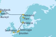 Visitando Reykjavik (Islandia), Ísafjörður (Islandia), Akureyri (Islandia), Aalesund (Noruega), Flam (Noruega), Kristiansand (Noruega), Ijmuiden (Ámsterdam), Zeebrugge (Bruselas), Southampton (Inglaterra)