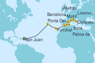 Visitando San Juan (Puerto Rico), Ponta Delgada (Azores), Funchal (Madeira), Motril (Granada/Andalucía), Ibiza (España), Palma de Mallorca (España), Barcelona, Villefranche (Niza/Mónaco/Francia), Livorno, Pisa y Florencia (Italia), Civitavecchia (Roma)