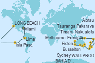 Visitando Miami (Florida/EEUU), Guayaquil (Ecuador), Puerto Bolívar, Machala (Ecuador), Lima (Callao/Perú), Lima (Callao/Perú), Pisco (Perú), Iquique (Chile), Isla Pascua (Chile), Isla Pascua (Chile), Nuku Hiva (Polinesia Francesa), Hiva Oa (Islas Marquesas/Polinesia Francesa), Fakarava (Polinesia Francesa), Rangiroa (Polinesia Francesa), Papeete (Tahití), Papeete (Tahití), BAHIA D' OPUNOHA, MOOREA, Bora Bora (Polinesia), Arutanga (Aitutaki, Islas Cook), Nukualofa (Tongatapu), WHANGAREI, NUEVA ZELANDA, Auckland (Nueva Zelanda), Tauranga (Nueva Zelanda), Napier (Nueva Zelanda), Wellington (Nueva Zelanda), Picton (Australia), Kaikoura (Nueva Zelanda), Akaroa (Nueva Zelanda), Timaru (Nueva Zelanda), Port Chalmers (Nueva Zelanda), OBAN (HALFMOON BAY), Sydney (Australia), Sydney (Australia), Hobart (Australia), Hobart (Australia), Burnie (Tasmania/Australia), Melbourne (Australia), Adelaide (Australia), Isla Canguro (Australia), WALLAROO, Port Lincoln (Australia), Albany (Australia), Busselton (Australia), Perth (Australia), Geraldton (Australia), Exmouth (Australia), Broome (Australia), Darwin (Australia), Darwin (Australia), Alotau (Pupúa Nueva Guinea), Cairns (Australia), Cairns (Australia), Townsville, AIRLIE BEACH, Brisbane (Australia), Caracas, Venezuela, Nouméa (Nueva Caledonia), Isla Mystery (Vanuatu), Lautoka (Fiyi), Suva (Fiyi), Savusavu (Islas Fidji), Apia (Samoa), Honolulu (Hawái), Kailua Kona (Hawai/EEUU), LONG BEACH