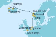 Visitando Reykjavik (Islandia), Ísafjörður (Islandia), Akureyri (Islandia), Aalesund (Noruega), MALOY, NORWAY, Flam (Noruega), Ijmuiden (Ámsterdam), Zeebrugge (Bruselas), Southampton (Inglaterra)