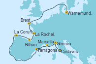 Visitando Civitavecchia (Roma), Génova (Italia), Marsella (Francia), Tarragona (España), La Coruña (Galicia/España), Bilbao (España), La Rochelle (Francia), Brest (Francia), Warnemunde (Alemania)