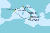 Visitando Génova (Italia), Nápoles (Italia), Messina (Sicilia), La Valletta (Malta), Barcelona, Marsella (Francia) Visitando Génova (Italia), Nápoles (Italia), Messina (Sicilia), La Valletta (Malta), Barcelona, Marsella (Francia)