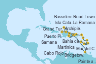 Visitando La Romana (República Dominicana), Mar del Caribe - Experiencia a bordo, Martinica (Antillas), Bridgetown (Barbados), Pointe a Pitre (Guadalupe), Bahía de Guadalupe - Experiencia a bordo, Bahía de Guadalupe - Experiencia a bordo, Basseterre (Antillas), Road Town (Isla Tórtola/Islas Vírgenes), La Romana (República Dominicana), Isla Catalina (República Dominicana), Bahía de Catalina - Experiencia a bordo, Samana (República Dominicana), Puerto Plata, Republica Dominicana, Grand Turks(Turks & Caicos), Archipiélago de las Islas Turcas y Caicos -Experie, Cabo Rojo, La Romana (República Dominicana)