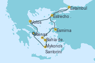 Visitando Atenas (Grecia), Volos (Grecia), Estrecho de Dardanelos - Experiencia a bordo, Estambul (Turquía), Esmirna (Turquía), Mykonos (Grecia), Bahía de Mykonos - Experiencia a bordo, Bahía de Mykonos - Experiencia a bordo, Santorini (Grecia), Santorini (Grecia), Atenas (Grecia) Visitando Atenas (Grecia), Volos (Grecia), Estrecho de Dardanelos - Experiencia a bordo, Estambul (Turquía), Esmirna (Turquía), Mykonos (Grecia), Bahía de Mykonos - Experiencia a bordo, Bahía de Mykonos - Experiencia a bordo, Santorini (Grecia), Santorini (Grecia), Atenas (Grecia)