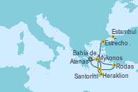 Visitando Atenas (Grecia), Estrecho de Dardanelos (Turquia), Estambul (Turquía), Mykonos (Grecia), Bahía de Miconos, Bahía de Miconos, Heraklion (Creta), Rodas (Grecia), Santorini (Grecia), Santorini (Grecia), Atenas (Grecia)