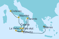 Visitando Atenas (Grecia), La Valletta (Malta), Estrecho de Sicilia - Experiencia a Bordo, Estrecho de Sicilia - Experiencia a Bordo, Catania (Sicilia), Etna skyline, Taranto (Italia), La Valletta (Malta), Catania (Sicilia), Nápoles (Italia), Civitavecchia (Roma)