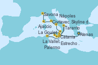 Visitando Atenas (Grecia), La Valletta (Malta), Estrecho de Sicilia - Experiencia a Bordo, Estrecho de Sicilia - Experiencia a Bordo, Catania (Sicilia), Skyline del Etna - Experiencia a bordo, Taranto (Italia), La Valletta (Malta), La Goulette (Tunez), Palermo (Italia), Nápoles (Italia), Civitavecchia (Roma), Ajaccio (Córcega), Savona (Italia)
